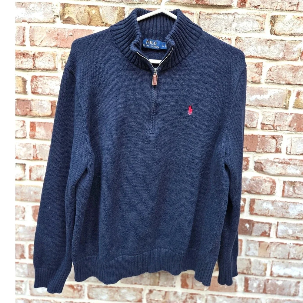 Polo Ralph Lauren Mens L Navy 1/4 Zip Cotton Knit Sweater LS Red Pony Preppy